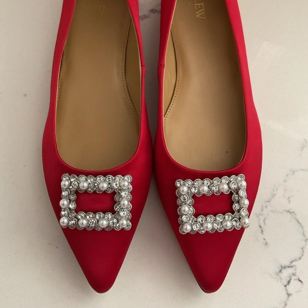 J.Crew Pointy-Toe Flats With Crystal Buckle Deep Ruby NIB Size 10